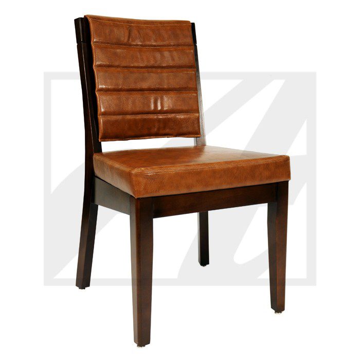 Brown leather dining chair with wooden legs and a cushioned backrest.