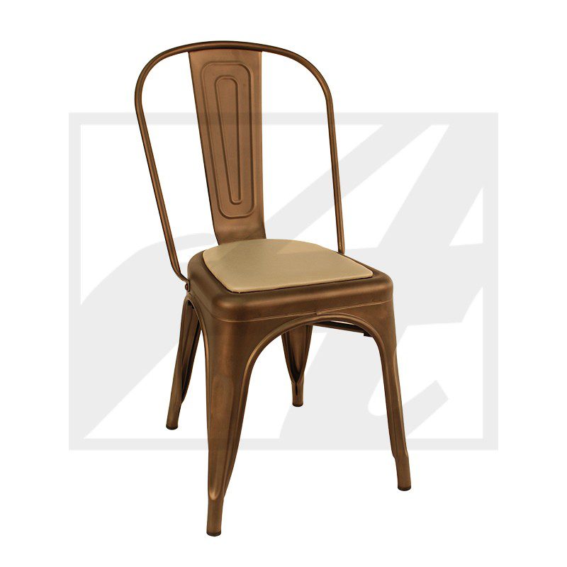 A brown metal chair with a curved backrest and perforated seat.