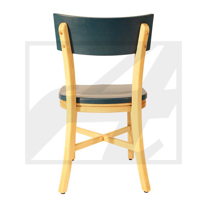 Wooden chair with a black backrest and seat.
