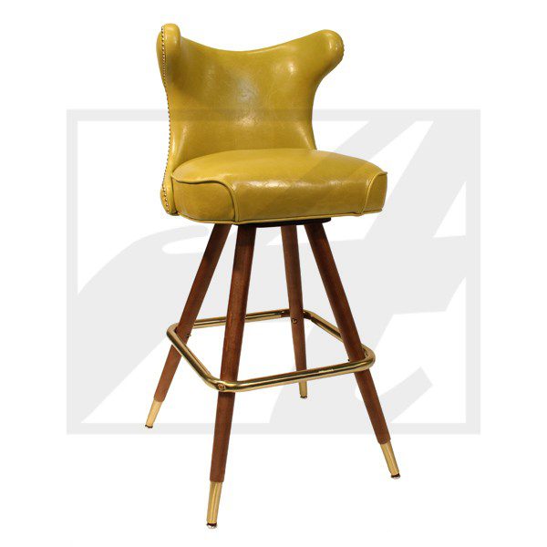 Yellow cushioned bar stool with wooden legs and leather straps.