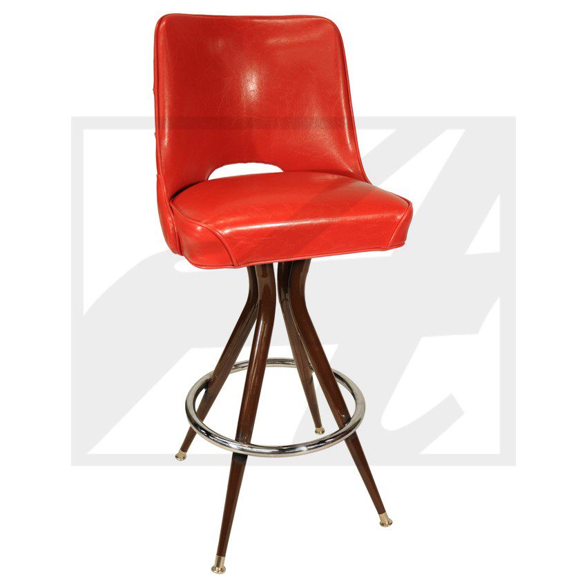 Red cushioned bar stool with wooden legs and metal footrest.
