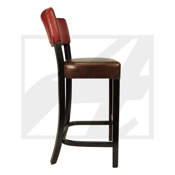 Elegant wooden bar stool with brown leather seat and backrest.