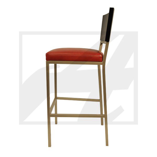 A tall bar stool with a red cushioned seat and a dark backrest.