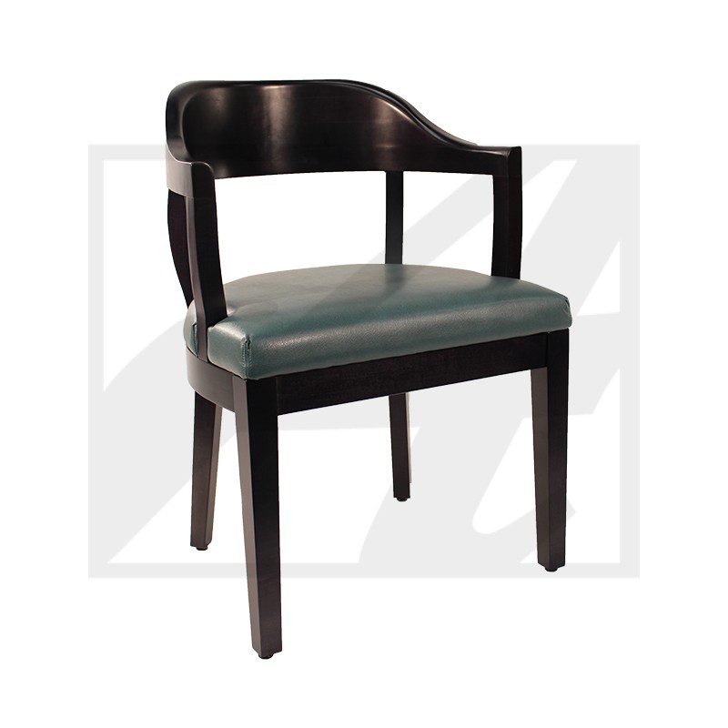 Modern wooden chair with a cushioned seat and open backrest.