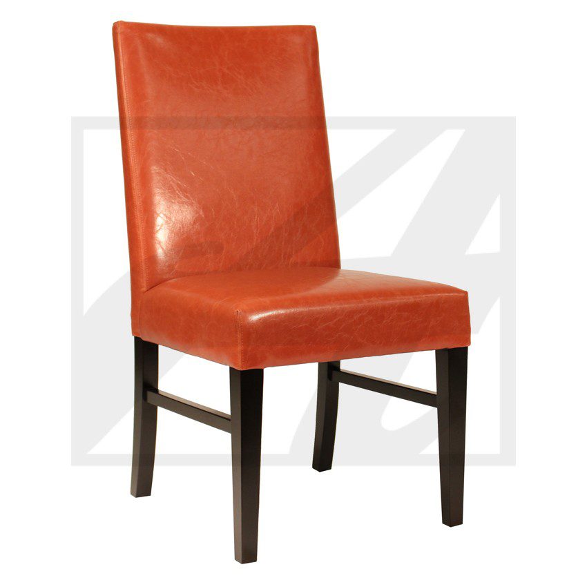 Modern orange leather dining chair with dark wooden legs.