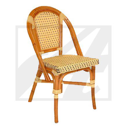 A stylish wooden chair with a woven seat and backrest.
