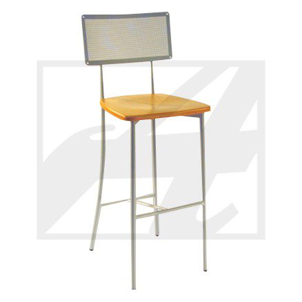 Modern bar stool with a metal frame and wooden seat.