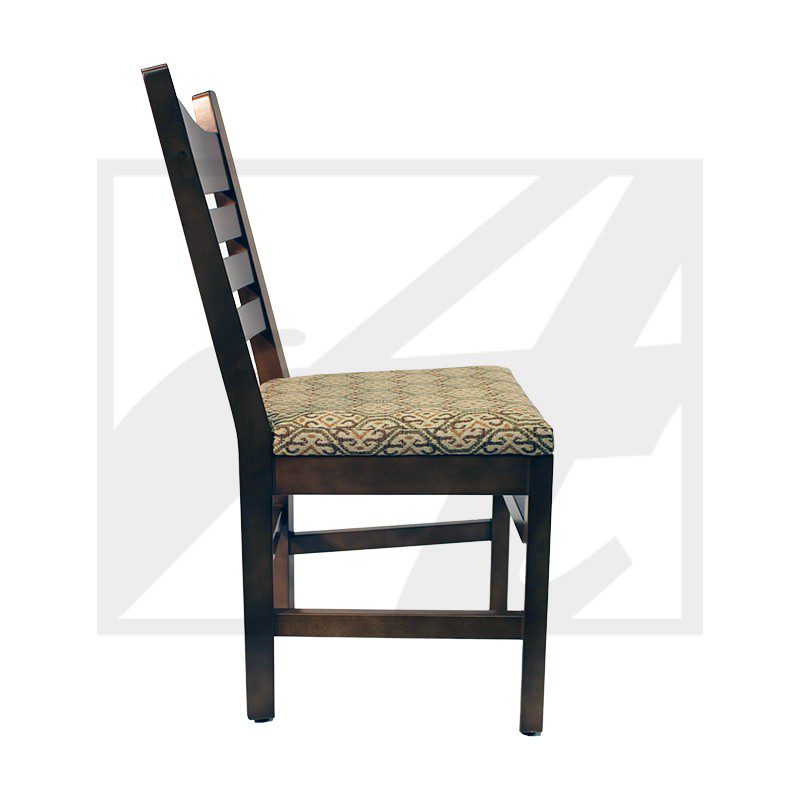 Side view of a wooden chair with a woven seat.