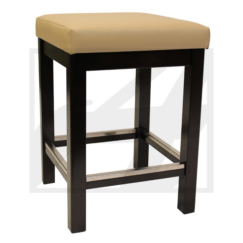 Square cushioned stool with dark wooden legs and beige seat.