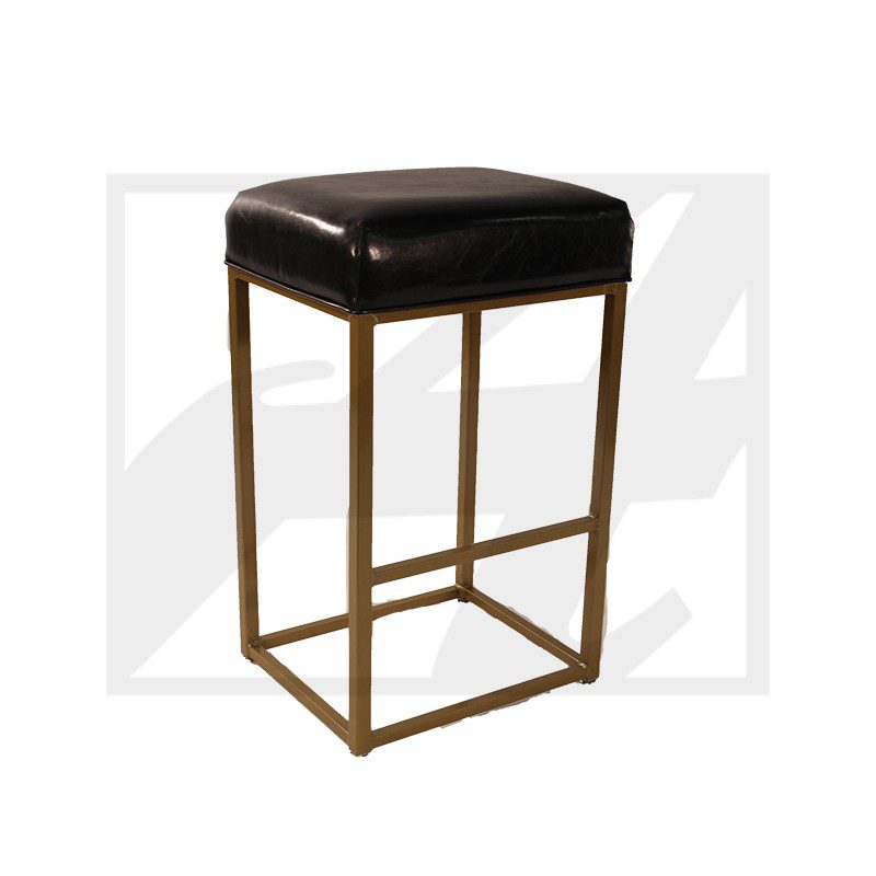 Modern bar stool with black cushion and gold metal frame.