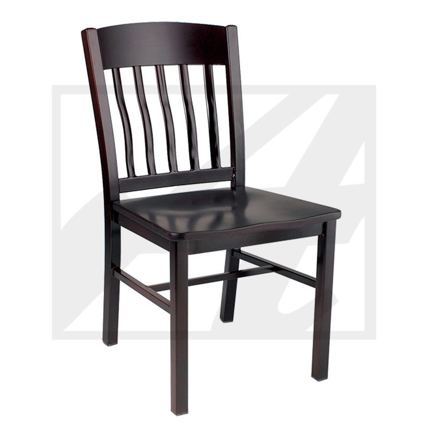 Dark wooden chair with vertical slats and a solid seat.