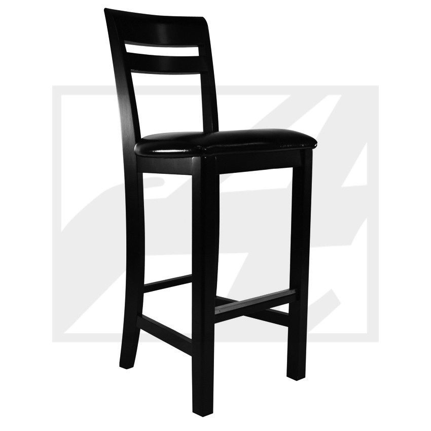 Black wooden bar stool with a slatted backrest.