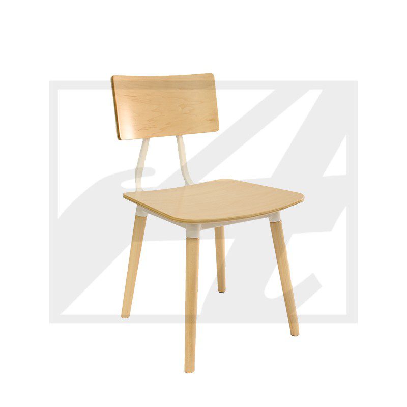 Minimalist wooden chair with a light natural finish and angled legs.