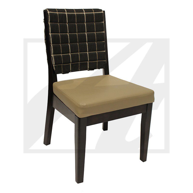 Modern dining chair with a cushioned beige seat and black checkered backrest.