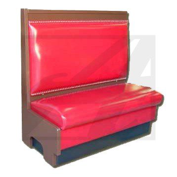 Red vinyl restaurant booth seating with brown trim.
