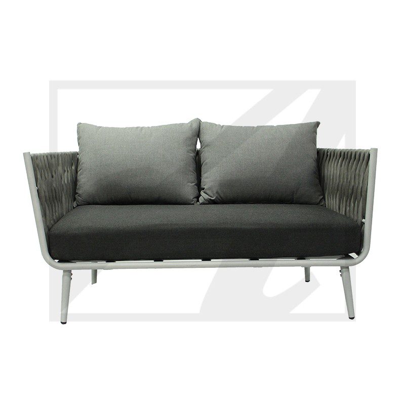 Modern outdoor loveseat with dark cushions and sleek frame.