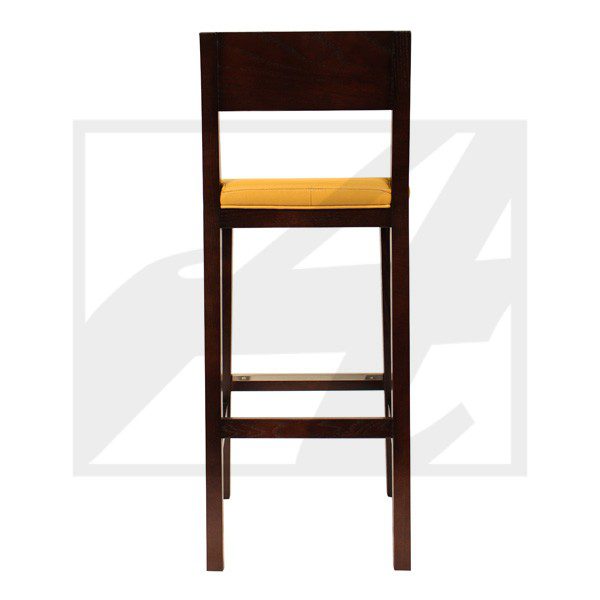 Dark wooden bar stool with a backrest, viewed from the front.