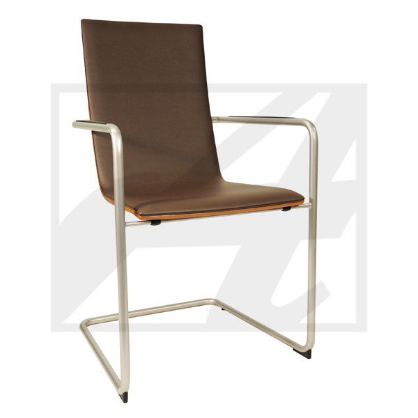 Modern brown leather chair with metal frame and cantilever design.