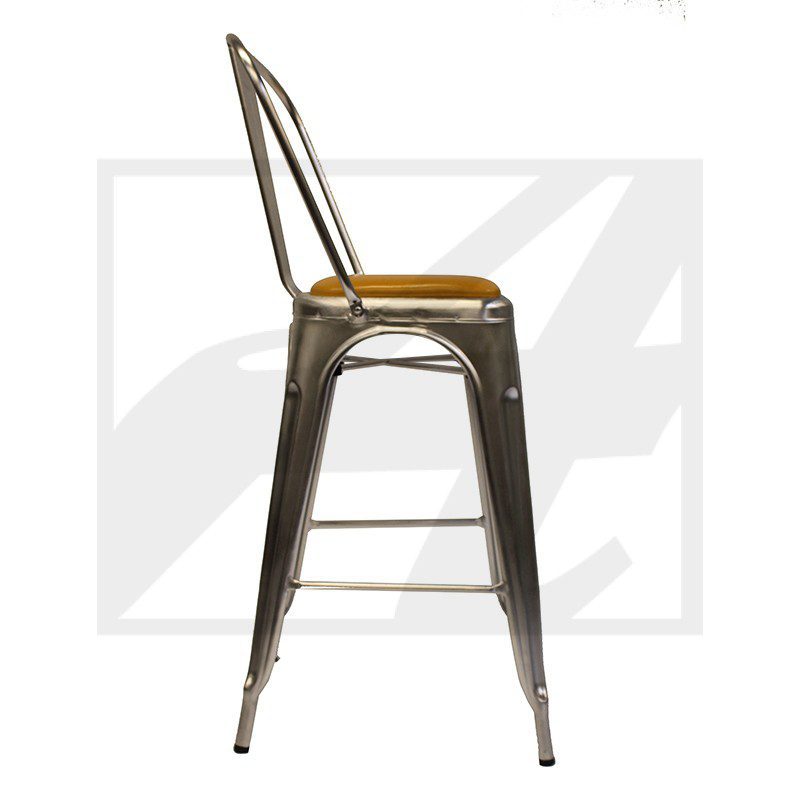 Metal bar stool with wooden seat and backrest support.