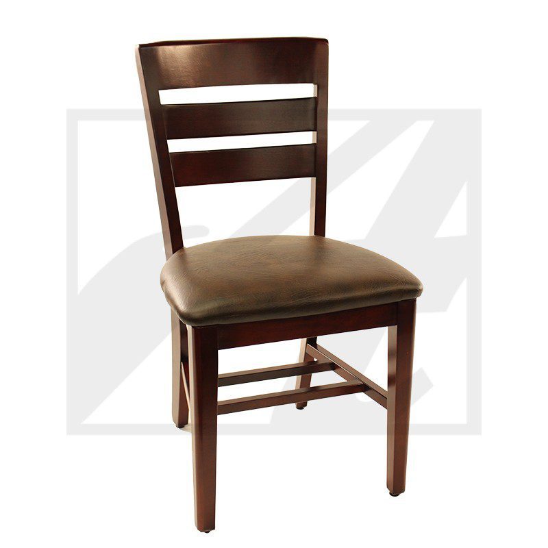Wooden chair with cushioned seat and horizontal slats on backrest.