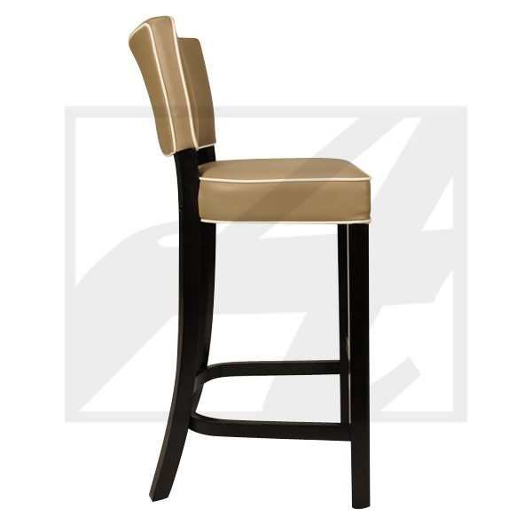 Modern wooden bar stool with beige cushioned seat and backrest.