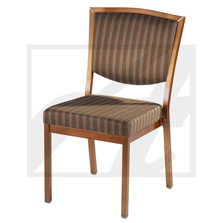 Wooden chair with striped brown upholstery and cushioned seat.