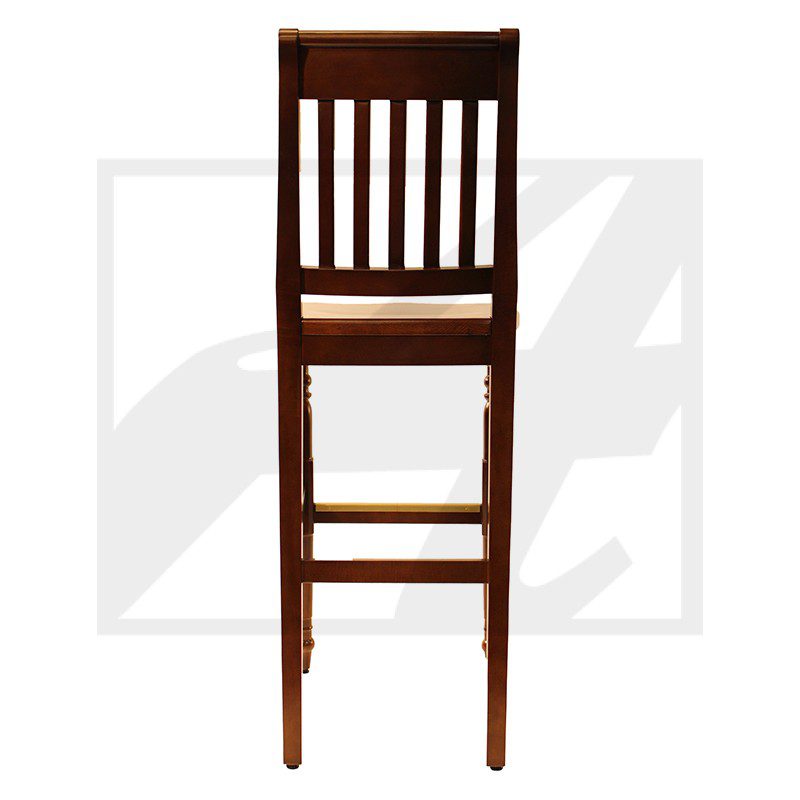 Tall wooden chair with slatted backrest and footrest.
