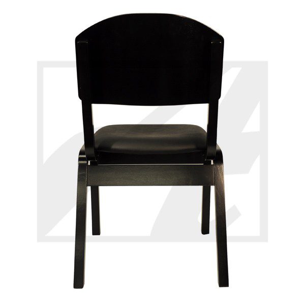 Black wooden chair with a solid backrest and cushioned seat.