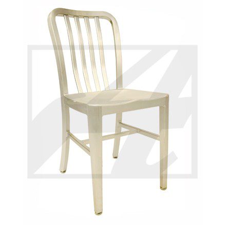 A simple white wooden chair with vertical slats on the backrest.