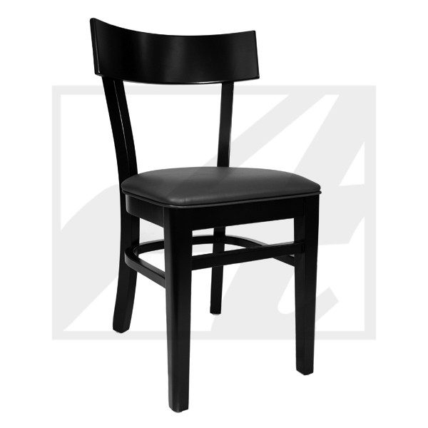 Black wooden chair with a curved backrest and cushioned seat.