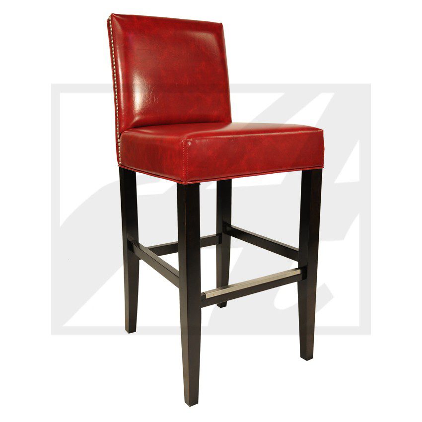 Elegant red leather bar stool with dark wooden legs.