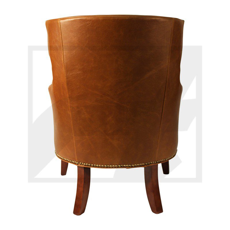 Brown leather armchair with wooden legs, viewed from the back.