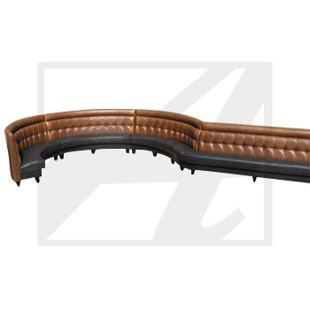 Curved brown leather tufted bench seating with black legs.
