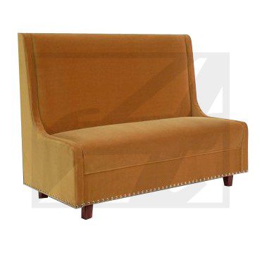 A simple brown loveseat with clean lines and wooden legs.