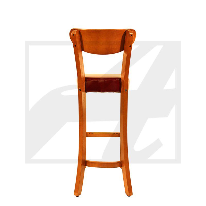 Tall wooden bar stool with a curved backrest.