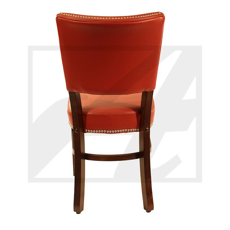 Red cushioned wooden chair with a curved backrest.