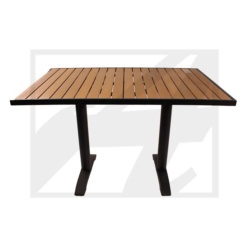 Wooden table with black metal legs on white background.