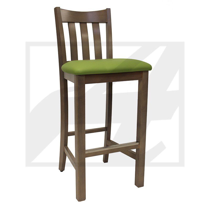 Wooden bar stool with green cushioned seat and slatted backrest.