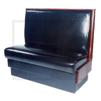A black leather restaurant booth seat with wooden frame.