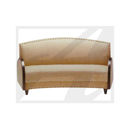 Elegant beige upholstered loveseat with wooden frame and curved backrest.