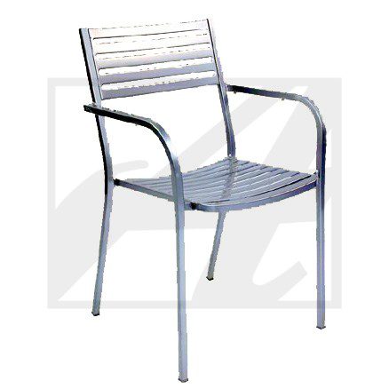 A modern metal chair with armrests and horizontal slats.