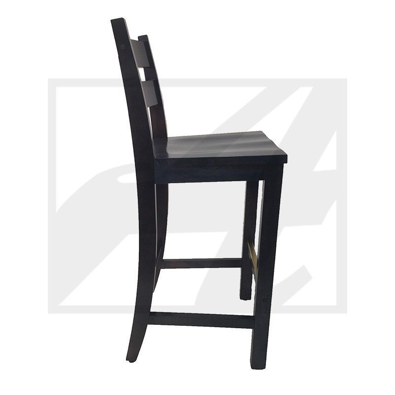 Black wooden bar stool with a backrest and square seat.