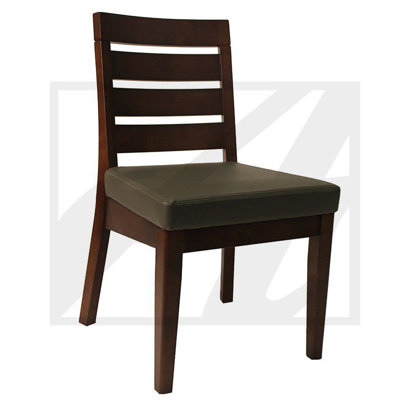Wooden dining chair with a cushioned seat and horizontal slats on the backrest.