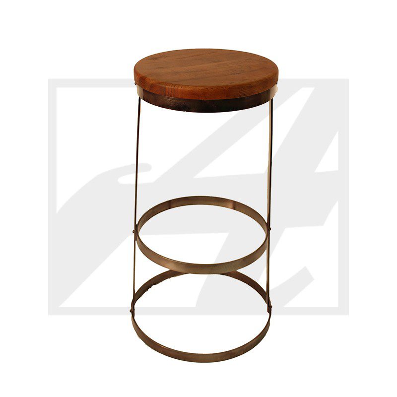 Minimalist stool with wooden seat and metal rings.