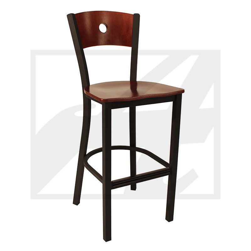 Wooden bar stool with a dark frame and a round cutout in the backrest.