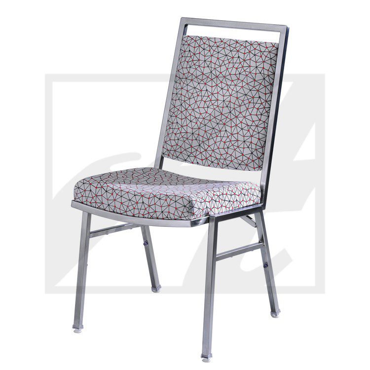 A modern chair with patterned upholstery and metal legs.