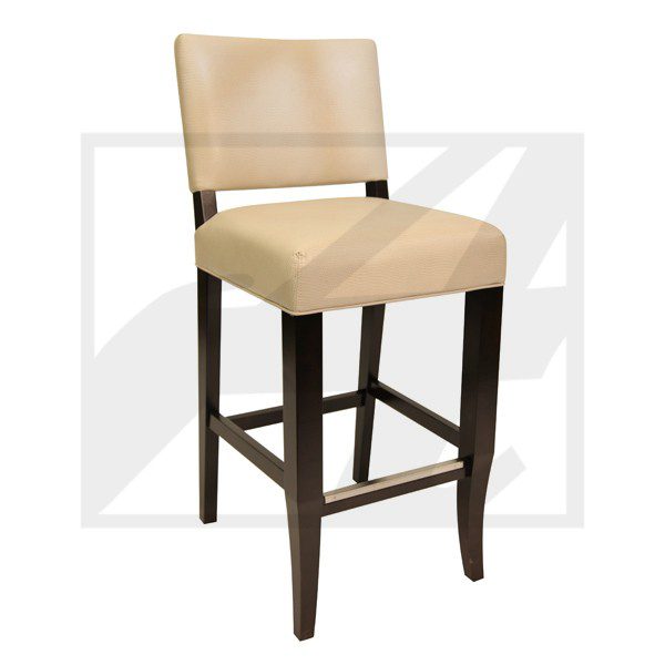Beige cushioned bar stool with dark wooden legs and footrest.