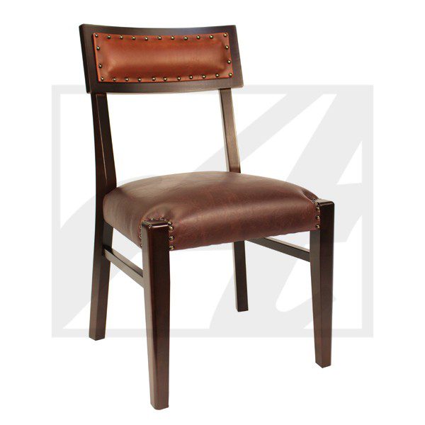 Wooden chair with brown leather seat and backrest.