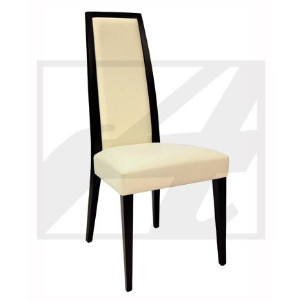 Modern beige upholstered dining chair with wooden legs.