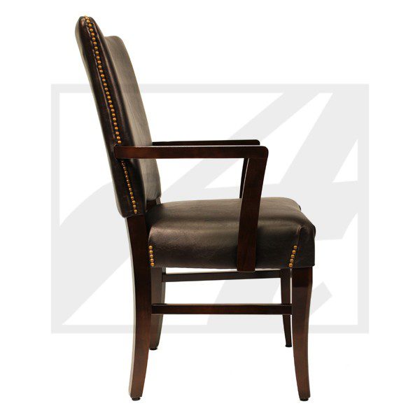 Side view of a classic wooden chair with cushioned seat and backrest.